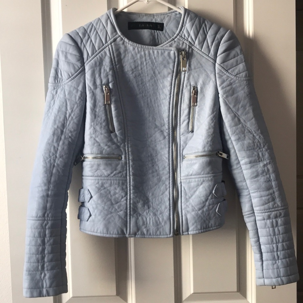 Zara XSmall Baby Blue Leather jacket.